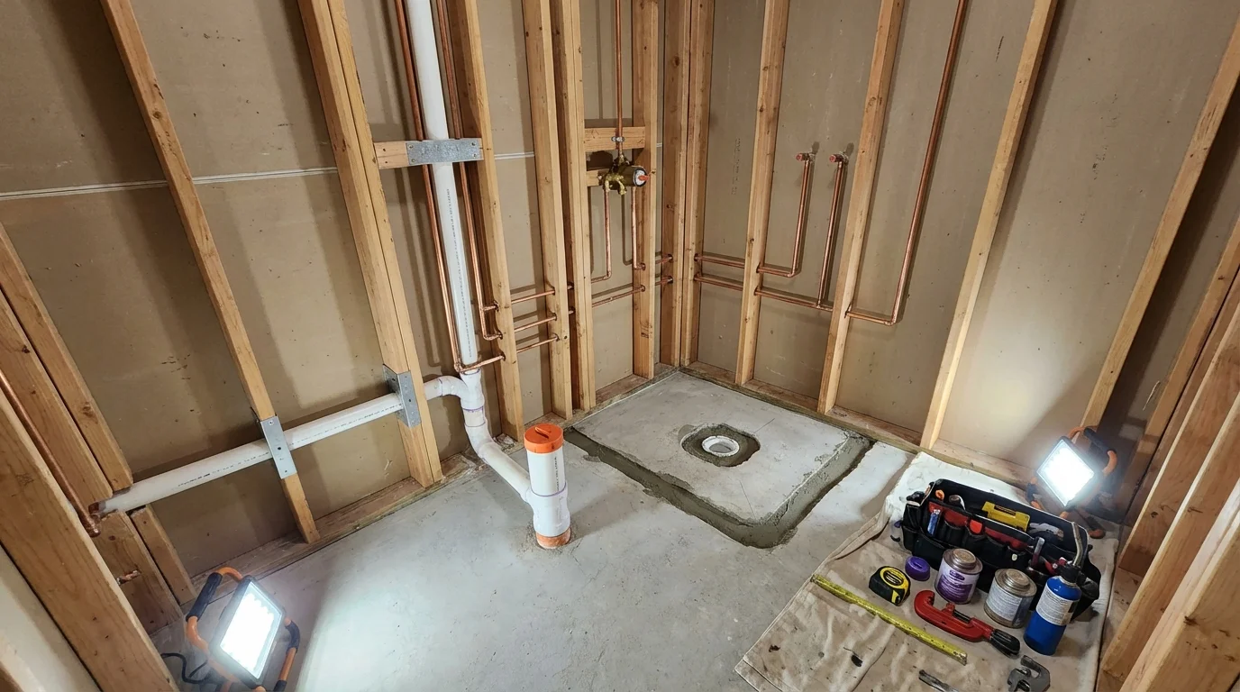 Bathroom rough-in plumbing during remodel by Johns Plumbing LLC in Carrollton