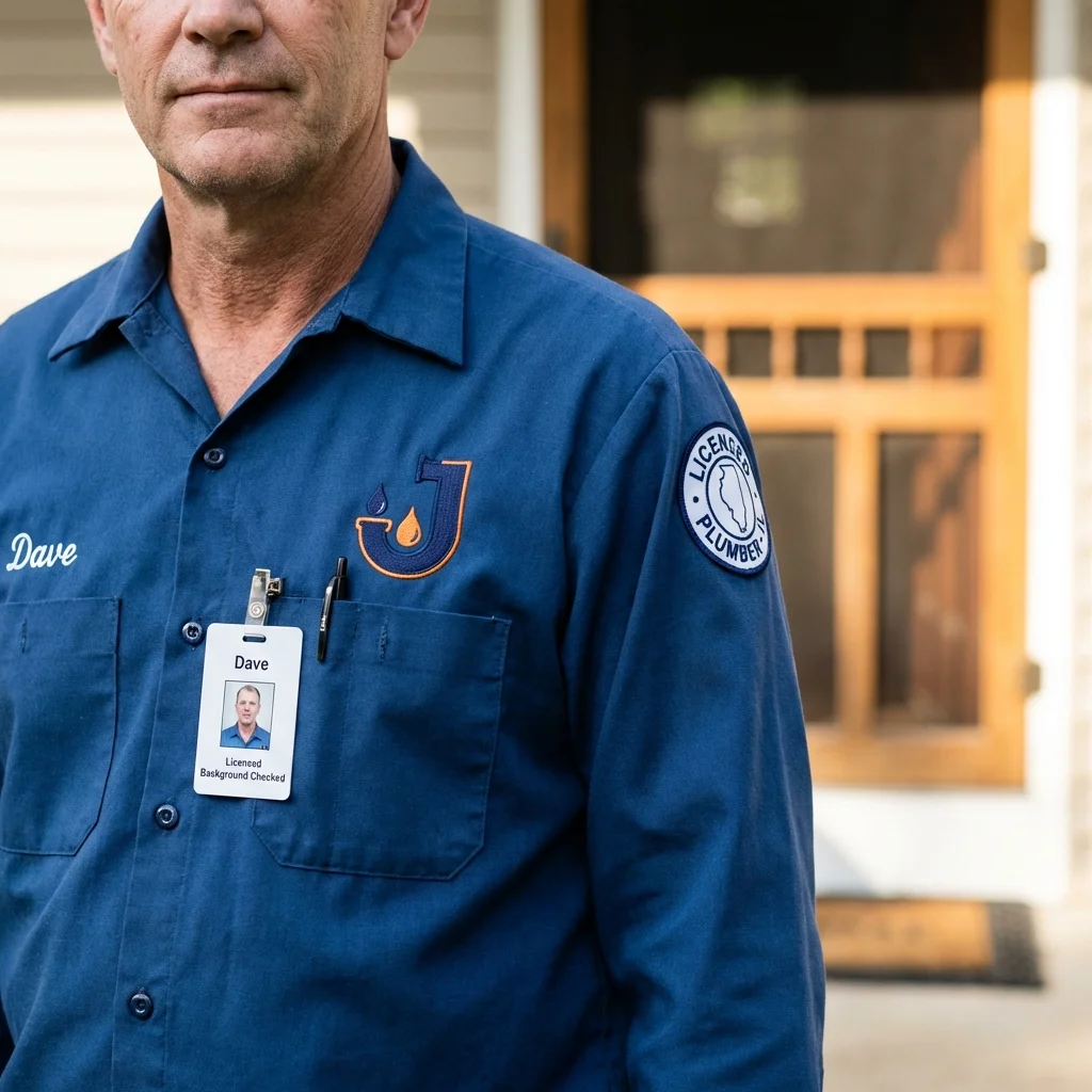 Licensed plumber showing ID badge in Carrollton, TX