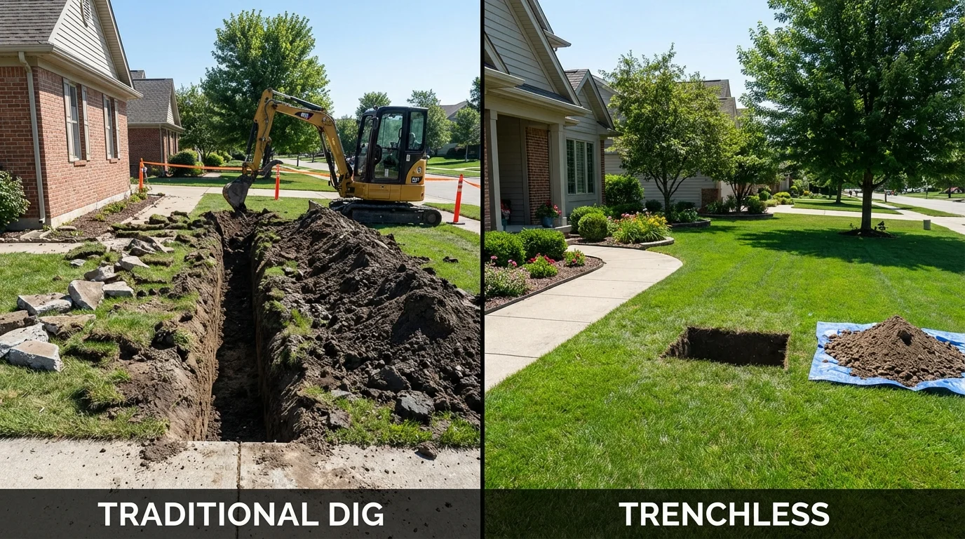 Trenchless sewer repair with minimal yard damage versus traditional excavation in Carrollton, TX