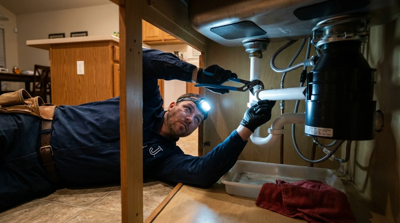 P-trap and supply line connections under a kitchen sink showing a common leak point in Carrollton, TX
